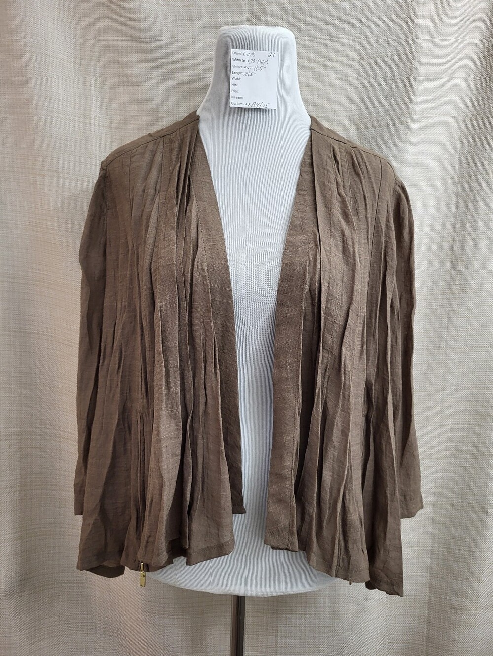 Chico's 2 Lg Lightweight Open Easy Jacket Brown Khaki Cairo Zippers Funky NWOT